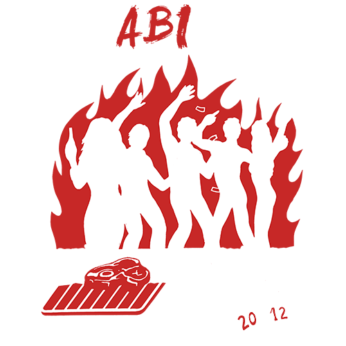 Silhouette von Personen, die tanzen, über Flammen, mit Text "BABICUE" und "Wir sind heiß und brauchen Kohle".