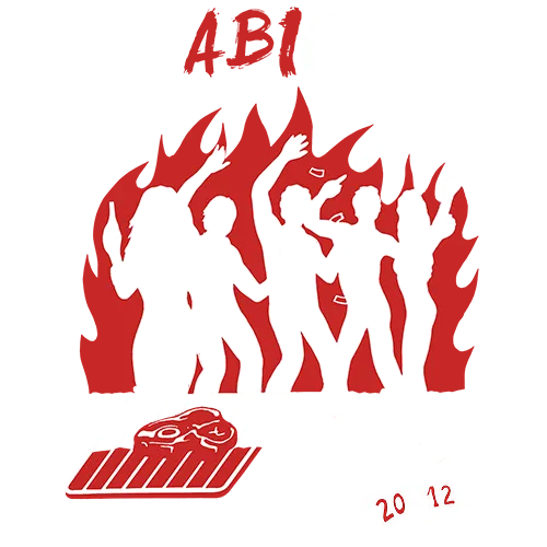 Silhouette von Personen, die tanzen, über Flammen, mit Text "BABICUE" und "Wir sind heiß und brauchen Kohle".