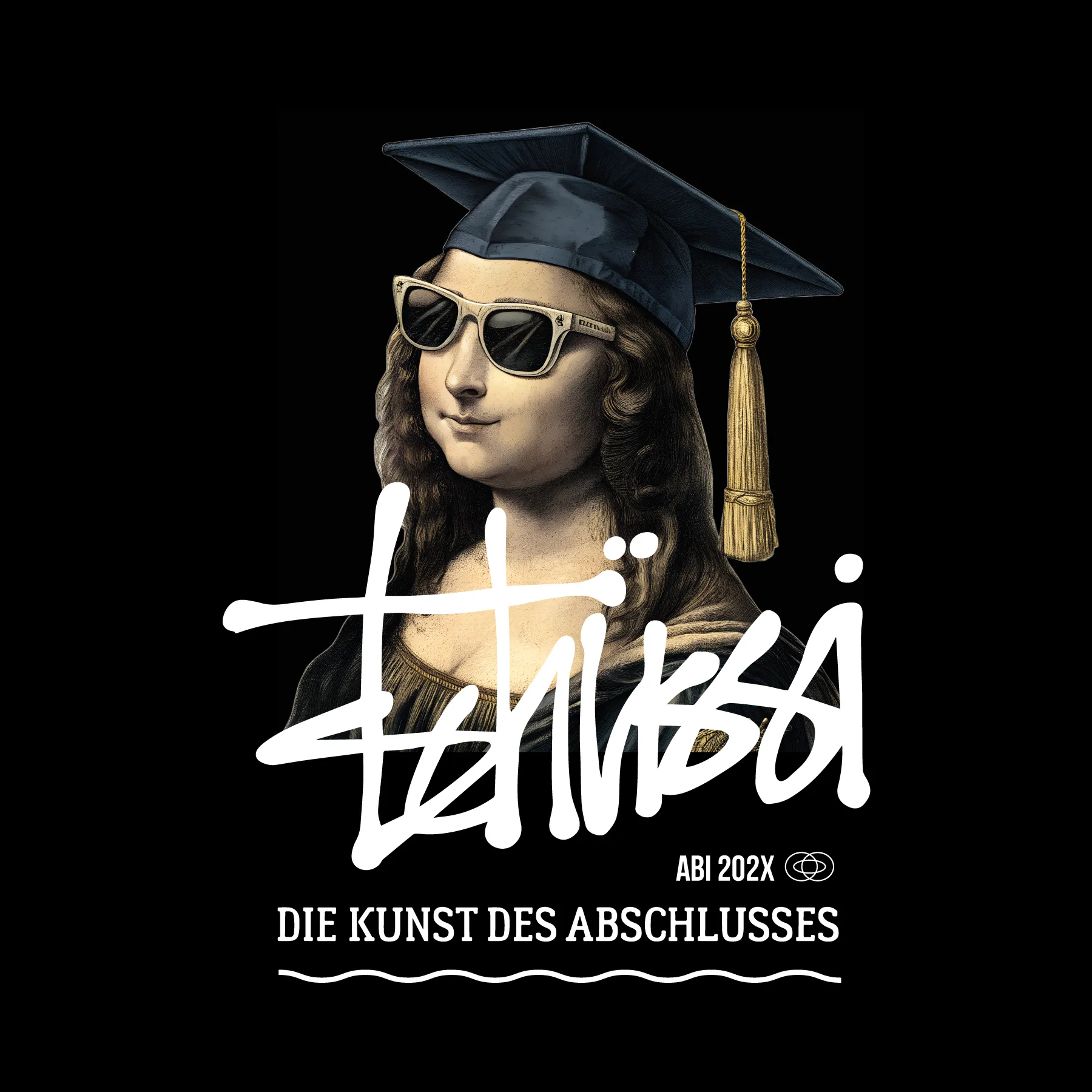 Stilisierte Mona Lisa mit Sonnenbrille und Abschlussmuetze auf schwarzem Grund weisse Grafik und Schrift Abi 202X Die Kunst des Abschlusses