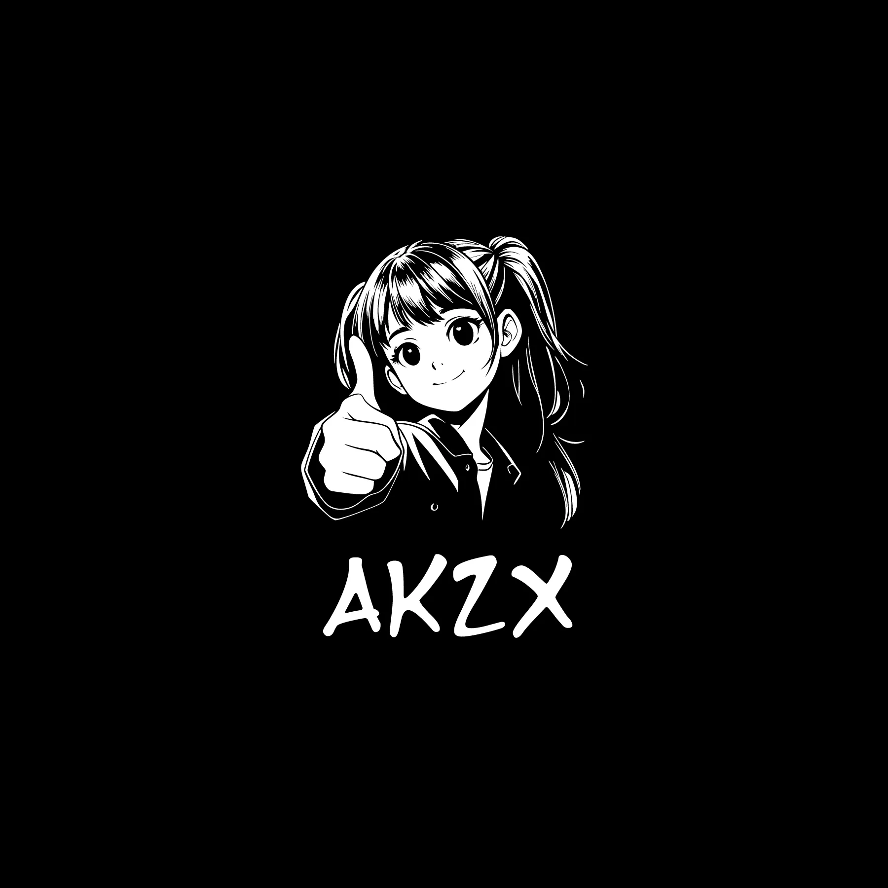 Manga stil maedchen mit ponytail laechelnd und ausgestrecktem arm mit daumen hoch auf schwarzem grund und darunter AKZX schriftzug