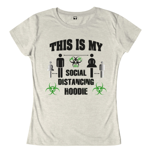 Graues Hoodie-Design mit Text "THIS IS MY SOCIAL DISTANCING HOODIE", Icons von Menschen und Viren, und "2m" Abstandsangabe.