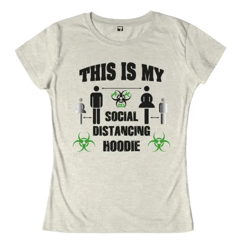 Graues Hoodie-Design mit Text "THIS IS MY SOCIAL DISTANCING HOODIE", Icons von Menschen und Viren, und "2m" Abstandsangabe.