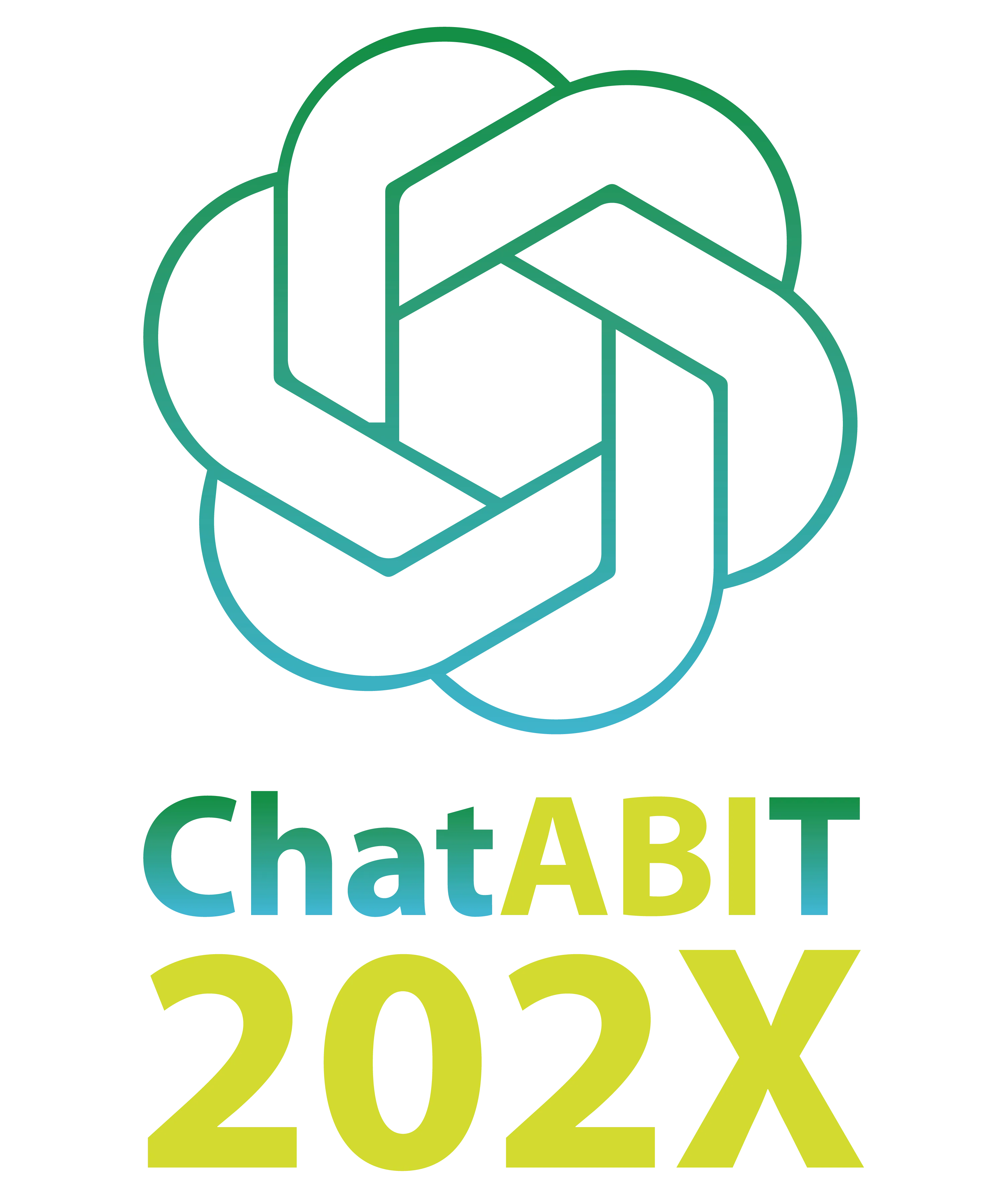 Verschlungenes siebeneck in gruener und blaugruenem Farbverlauf ueber dem Schriftzug ChatABIT und der Zahl 202X
