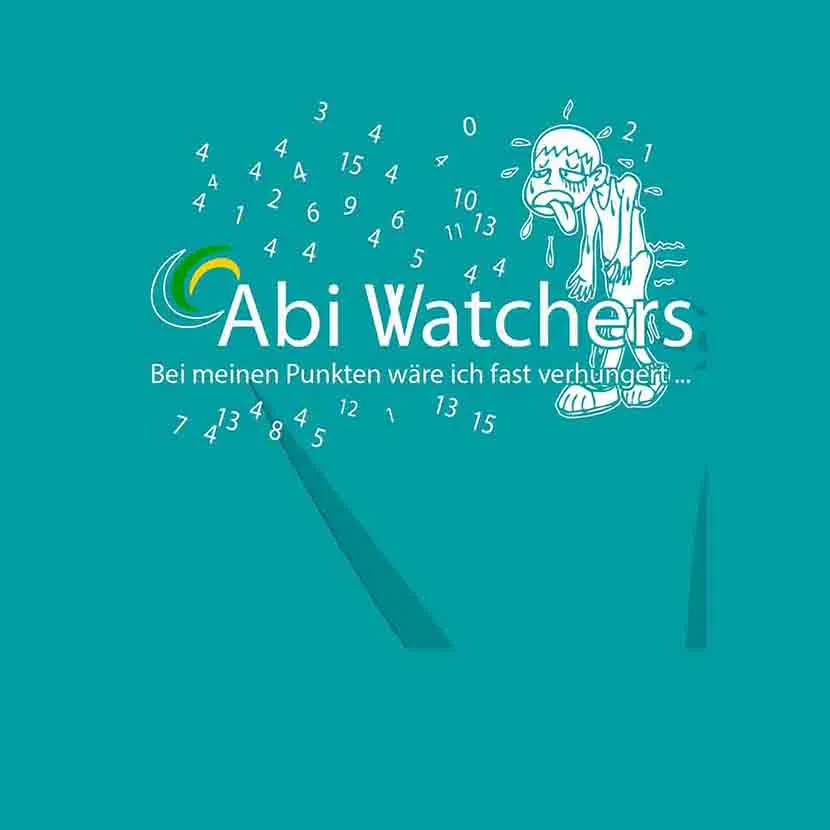 Logo 'Abi Watchers' mit weinender Karikatur auf grünem Hintergrund.