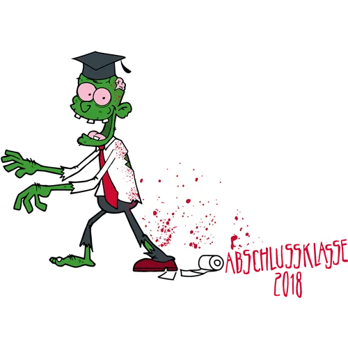 Grafik eines grünen Zombies in Abschlusskleidung auf dunklem Hintergrund, Text "The Walking WEG Abiturklasse 2018".