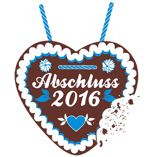 Lebkuchenherz mit der Aufschrift 'Abschluss 2016', weiß-blauer Rand und zwei Schleifen, auf blauem Hintergrund.