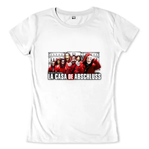 Acht Personen in roten Overalls und Masken vor einem Gebäude, Text "La Casa de Abschluss" oben.