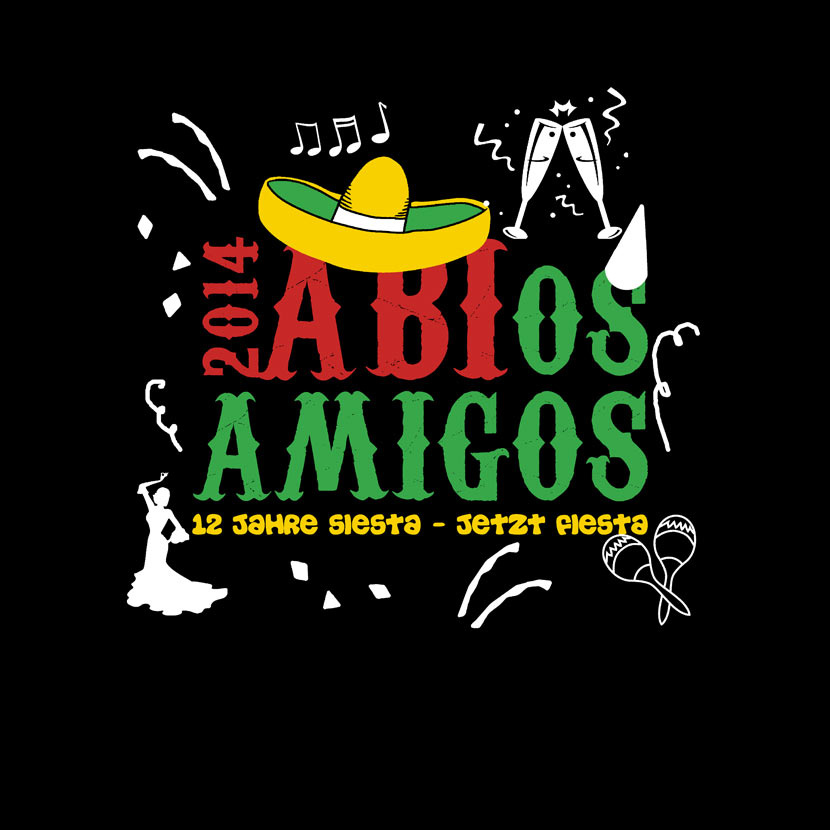 Design eines T-Shirts für den Abitur-Jahrgang 2014 mit dem Text "ABIOS AMIGOS", illustrierten Symbolen wie Sombrero und Maracas.