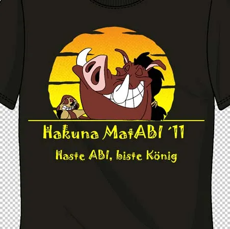Schwarzes T-Shirt mit einem Cartoon-Design von Timon und Pumbaa vor einem gelben und orangefarbenen Sonnenuntergang, Text "Hakuna MatABI '11 Haste ABI, lüöste König".