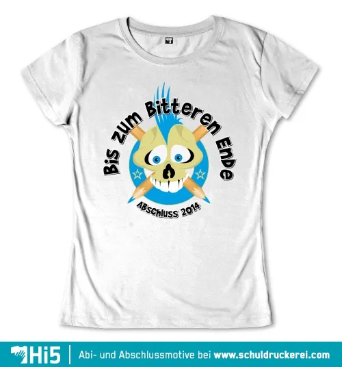 Buntes Abschluss-Shirt-Design mit Cartoon-Schädel, Bleistiften, Sternen und Text "Bis zum Bitteren Ende, Abschluss 2014".