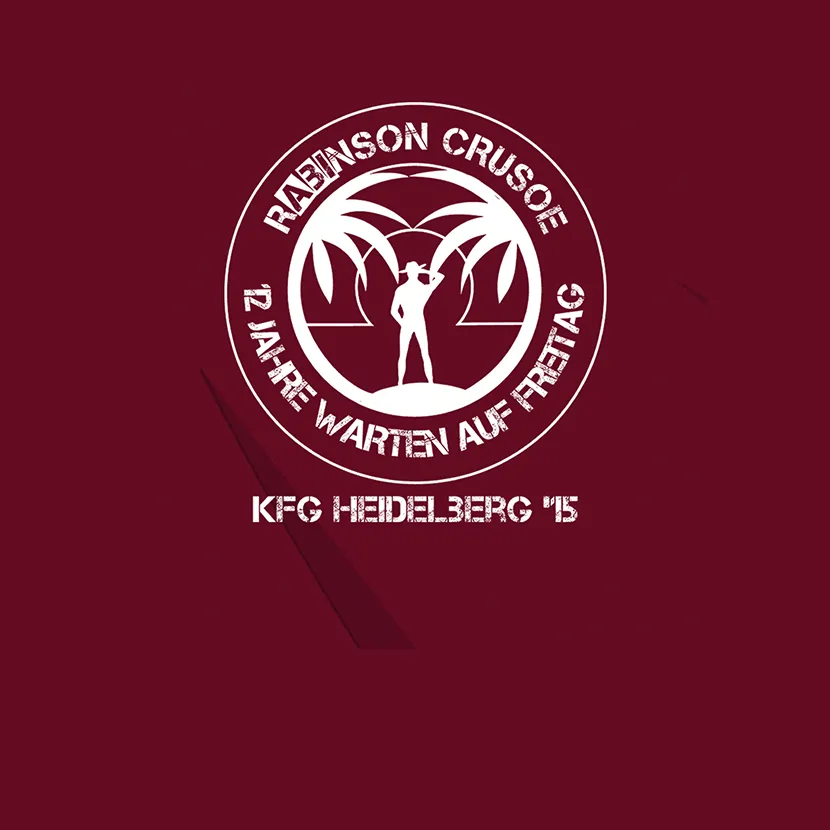 Silhouette eines Mannes zwischen zwei Palmen im Kreis mit Text "Ræinson Crusoe" und "12 Jahre warten auf Freitag".