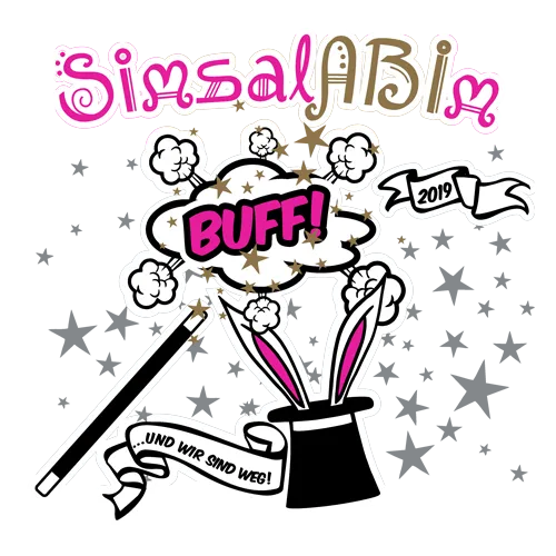 Illustration eines Zauberhuts mit Zauberstäben, Sternen und dem Text "Simsalabim" und "Buff!".