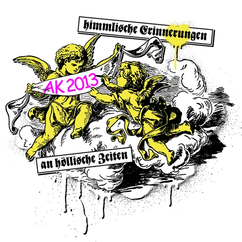 Grafik von drei Engeln, die ein Banner mit "AK 2013" halten, auf dunklem Hintergrund.