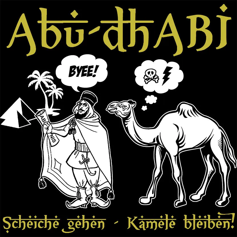 satirisches_bild_scheich_und_kamel Abu Dhabi Scheiche gehen Kamele bleiben -weiß gold design
