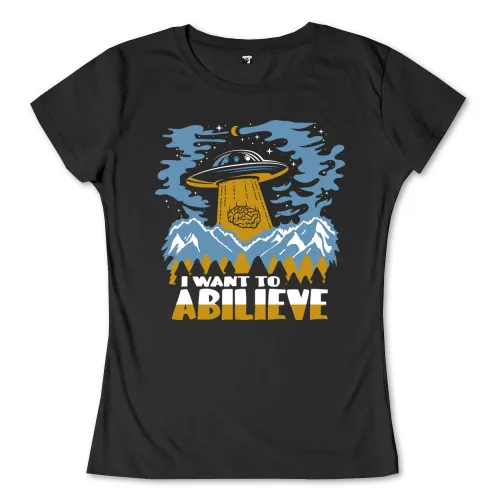 Grafik eines UFOs, das über schneebedeckten Bergen schwebt, mit dem Text "I WANT TO ABILIEVE".
