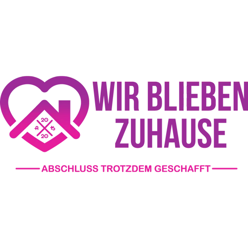 Schwarzes T-Shirt mit rosa Aufdruck "WIR BLEIBEN ZUHAUSE" und "ABSCHLUSS TROTZDEM GESCHAFFT", umrahmt von zwei verbundenen Herzen.