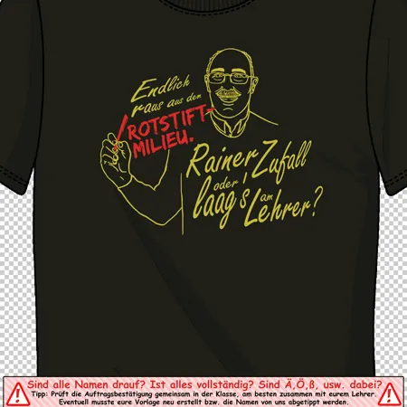 Schwarzes T-Shirt mit gelber Zeichnung eines Mannes und deutschem Text.