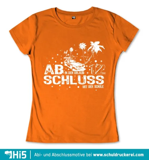 Orange T-Shirt mit 'AB 12 SCHLUSS' Design, Palmen, Auto, Sternen.