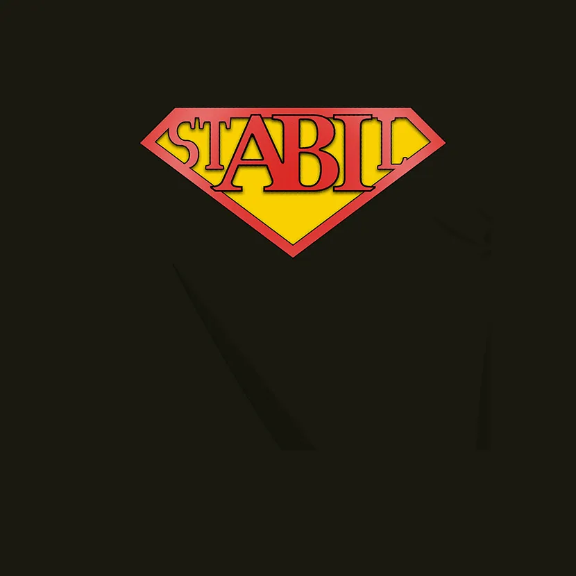 Gelbes Logo mit rotem Rand und dem Wort "STABIL" in einem diamantförmigen Rahmen auf schwarzem Hintergrund.