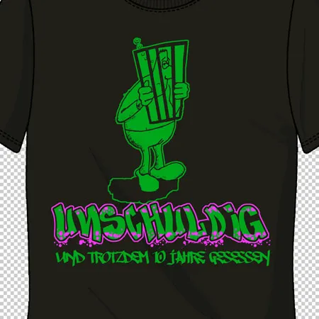 schwarzes_tshirt_mit_gruenem_alien_und_text unschuldig und trotzdem 10 Jahre gesessen design