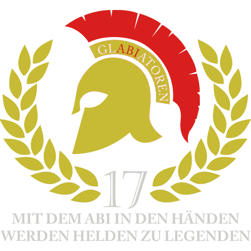 Dunkelblaues Design mit goldener Lorbeerkranz, rotem Band, Gladiatorenhelm und "17". Text: "Mit dem Abi in den Händen werden Helden zu Legenden".