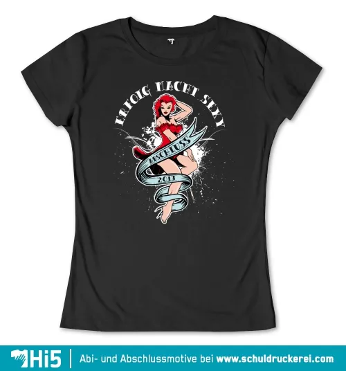 Illustration einer rothaarigen Frau in einem roten Kleid, umringt von einem blauen Band mit der Aufschrift "IRFOLG MACHT SEXY" und "ABSCHLUSS 2013".