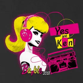 Illustration von Barbie mit Kopfhörern, neben Text "Yes we Ken!" und einem Boombox-Bild.