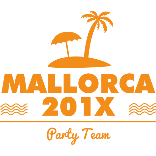 Schwarzes Bild mit der goldenen Silhouette einer Palme, Wellen und der Aufschrift "Mallorca 201X Party Team".