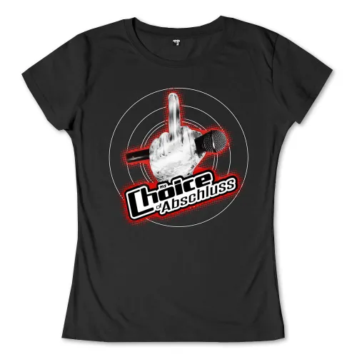 Ein stilisiertes Mikrofon und ein weißer Daumen nach oben auf einem dunkelroten Hintergrund mit dem Text "my Choice of Abschluss".