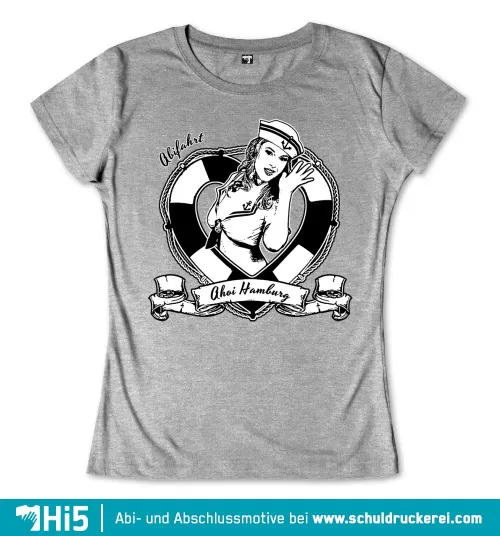 Pin-up-Frau mit Matrosenhut in einem Rettungsring, Text "Ahoi Hamburg" darunter.