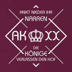 Schwarz-weiße Grafik mit Krone und Text "KNIET NIEDER IHR NARREN" sowie "DIE KÖNIGE VERLASSEN DEN HOF".