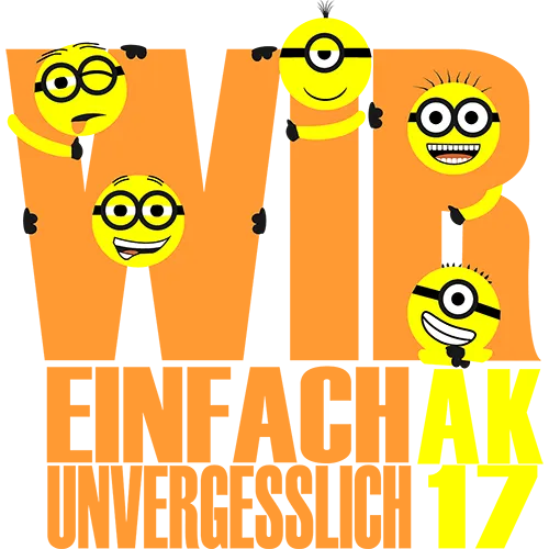 Gelbe Smiley-Grafiken auf blauem Hintergrund mit Text 'WIR EINFACH UNVERGESSLICH 17'.