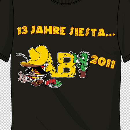 Schwarzes T-Shirt mit gelber, roter und grüner "ABI 2011" Grafik, Zylinder und Kaktus.