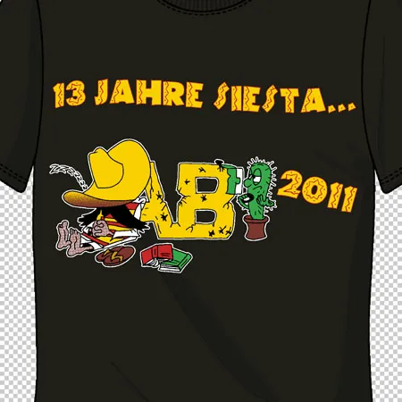 Schwarzes T-Shirt mit gelber, roter und grüner "ABI 2011" Grafik, Zylinder und Kaktus.