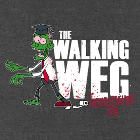 Grafik eines grünen Zombies in Abschlusskleidung auf dunklem Hintergrund, Text "The Walking WEG Abiturklasse 2018".