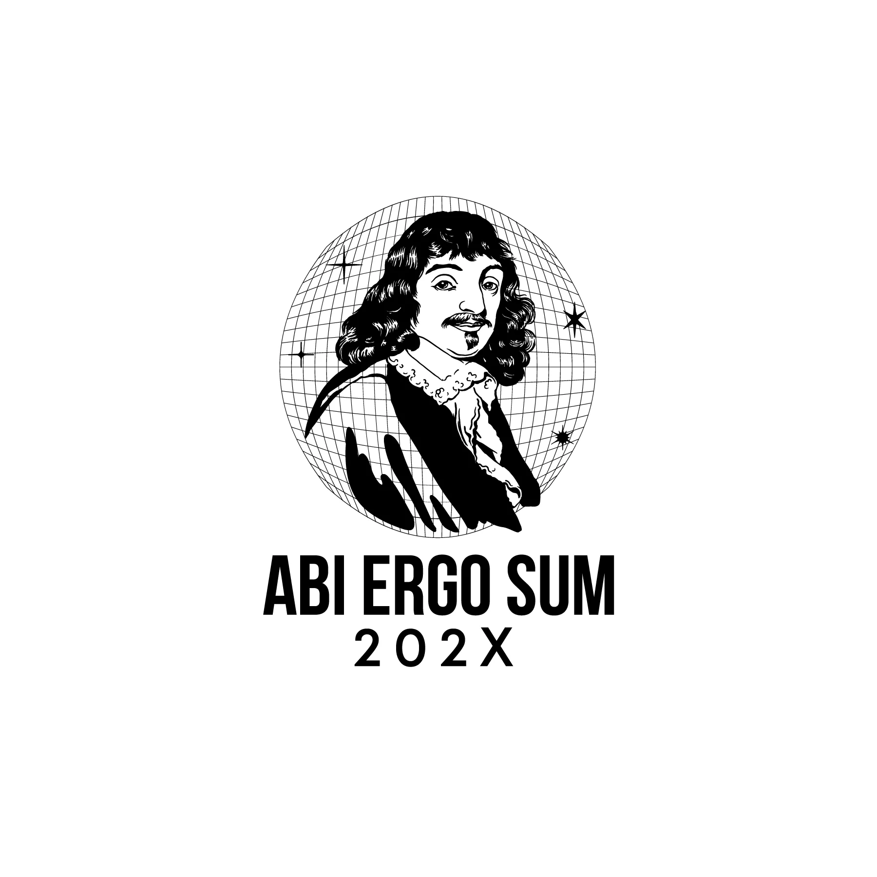 Stilisierte Zeichnung eines Mannes mit langem Haar und Kinnbart vor Gitternetzkreis mit Sternen und Schriftzug ABI ERGO SUM 202X
