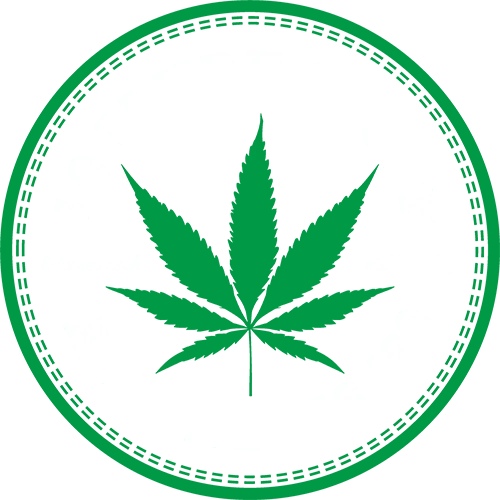 Schwarzes Rundlogo mit grünem Marihuanablatt und Text "10 Jahre Stoff Absschluss '20", weißer und grüner Text.