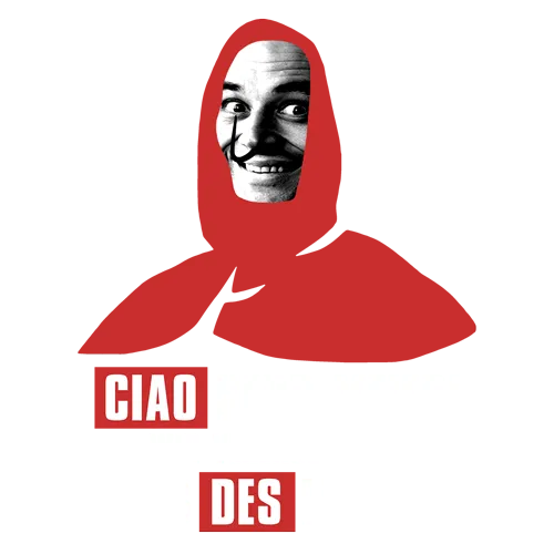 Person in roter Kapuze mit Masken-Gesicht und Text 'Ciao Herr Meier! Wir verlassen das Haus des Lernens' auf blauem Hintergrund.