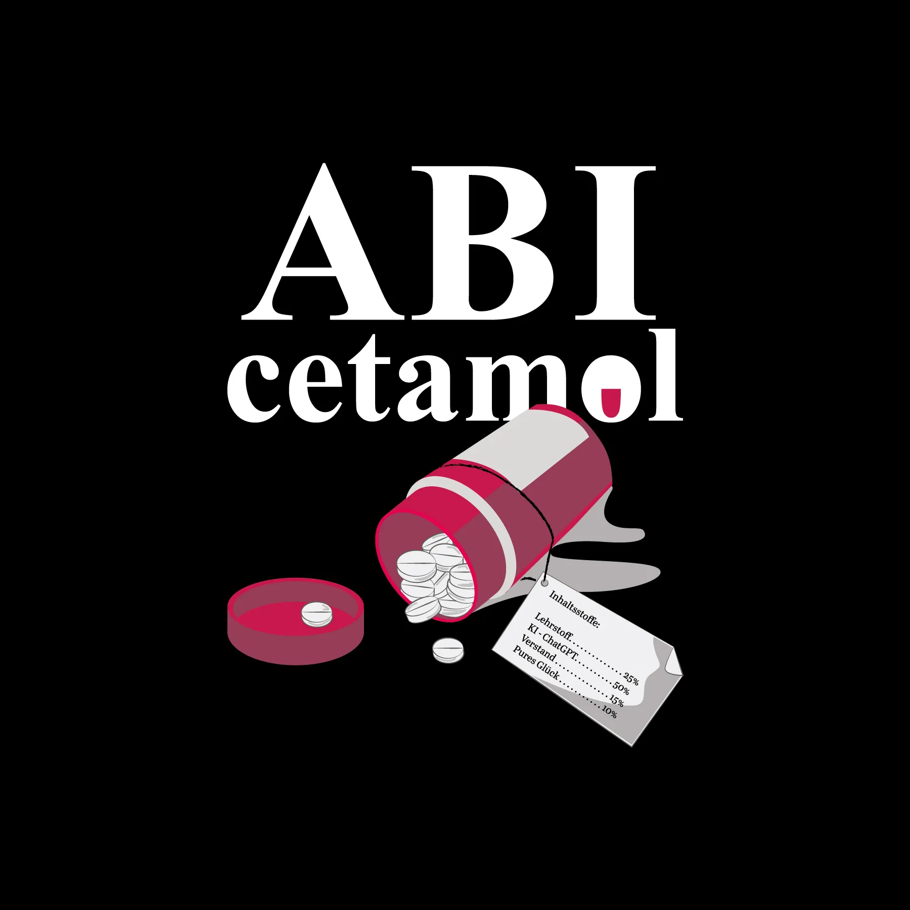 Schwarzer Hintergrund weisser Schriftzug ABI cetamol gekippte rot graue Pillendose spuelt weisse Tabletten aus Etikett mit Prozentangaben