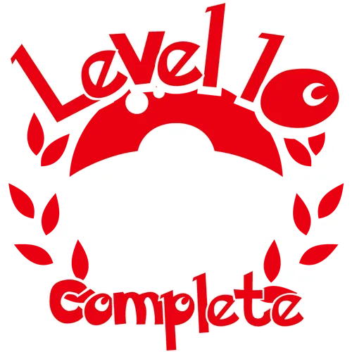 Stilisiertes rotes und weißes Pokéball-Symbol mit Lorbeerkranz und "Level 10 Complete" Text auf grünem Hintergrund.