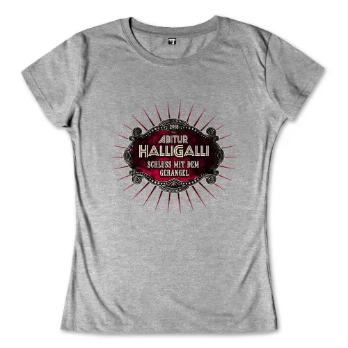 Dunkelrotes, ovales Abitur-Logo mit "Abitur HalliGalli 2018" Text und dem Slogan "Schluss mit dem Gerangel".