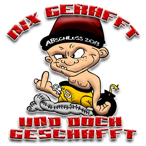 Cartoon von einem Jungen mit einer Katze und einer Bombe auf blauem Hintergrund mit Text "Nix gerafft und doch geschafft".