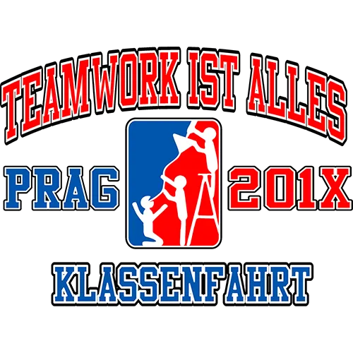 Grafik für eine Klassenfahrt nach Prag 201X mit dem Slogan ‚Teamwork ist alles‘ und einer Silhouette, die Bergsteigen zeigt.
