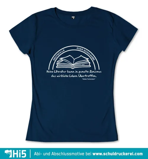 Dunkelblaues T-Shirt mit einem weißen Design von einem offenen Buch und Zitat von Anton Tschechow.