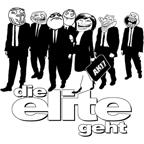 Sieben Personen mit Meme-Gesichtern auf rotem Hintergrund tragen Anzüge, eine trägt eine Aktentasche.