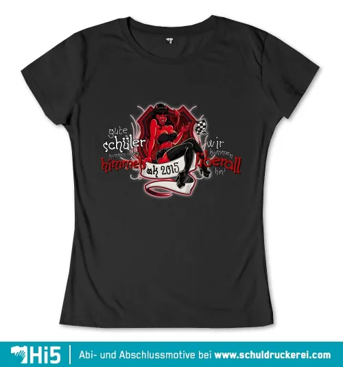 Illustration eines roten Teufels mit Schülerelementen und Text "Abi 2015" auf dunklem Hintergrund.