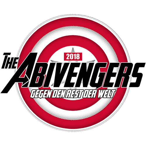 Rotes, weißes und blaues Logo mit Text "The Abivengers 2018 Gegen den Rest der Welt" auf blauem Hintergrund.