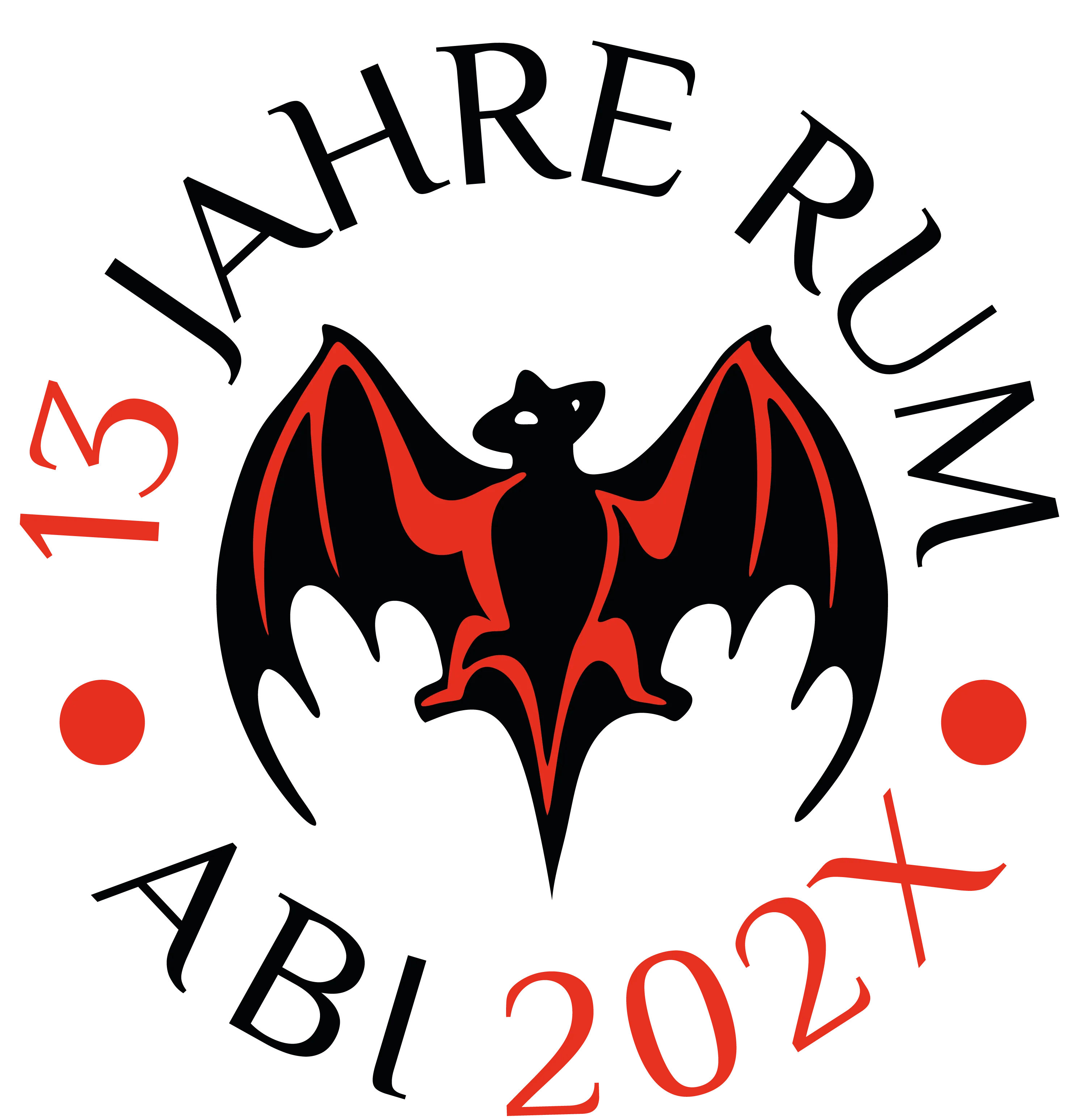 Zentrierte rot schwarze Fledermaus auf schwarz rotes 13 links roter Punkt rotes 202x unten roter Punkt rechts verblasster Text