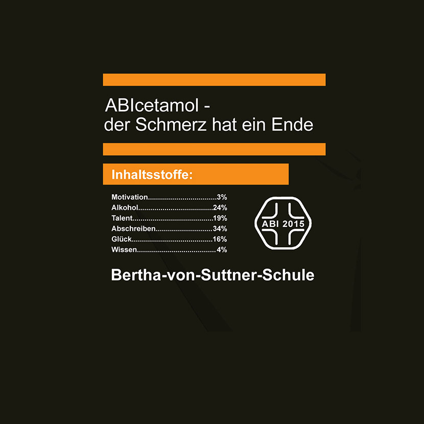 Infografik in Orange und Schwarz, zeigt fiktive Inhaltsstoffe eines Produkts namens 'ABlcetamol' für die Bertha-von-Suttner-Schule.