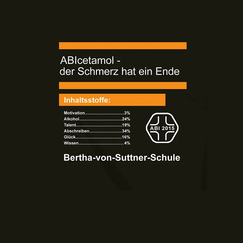 Infografik in Orange und Schwarz, zeigt fiktive Inhaltsstoffe eines Produkts namens 'ABlcetamol' für die Bertha-von-Suttner-Schule.
